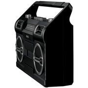 Black Jensen portable boombox with top carry handle, two large front speakers with silver rings, cassette deck, and radio dial controls.