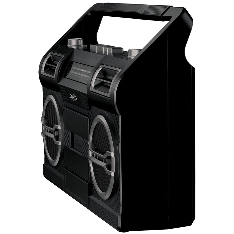 Black Jensen portable boombox with top carry handle, two large front speakers with silver rings, cassette deck, and radio dial controls.