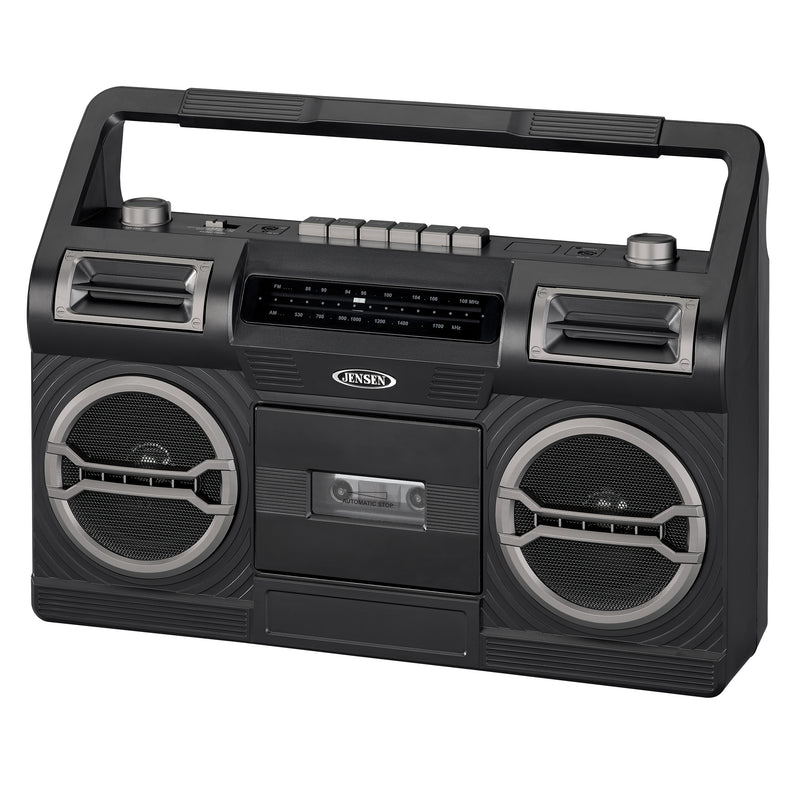 Black Jensen portable boombox with carry handle, AM/FM radio dial, cassette deck, and two large silver-ringed speakers.