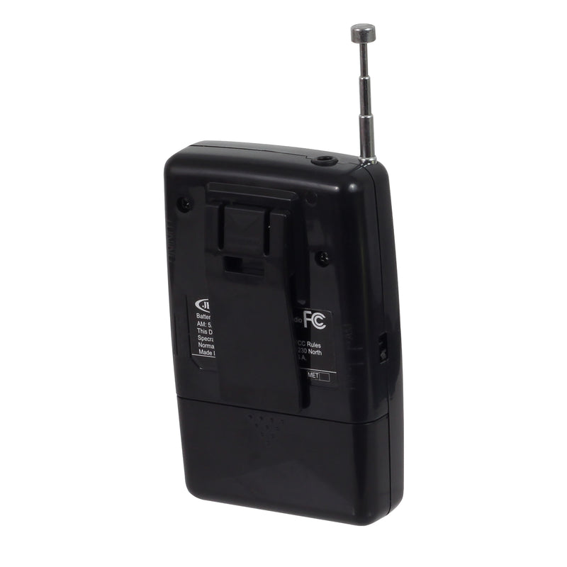 Back view of black Jensen pocket radio with extended silver telescoping antenna, belt clip, and FCC logo on label.