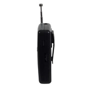 Side view of a black Jensen AM/FM pocket radio with a extended silver telescoping antenna and a black belt clip.