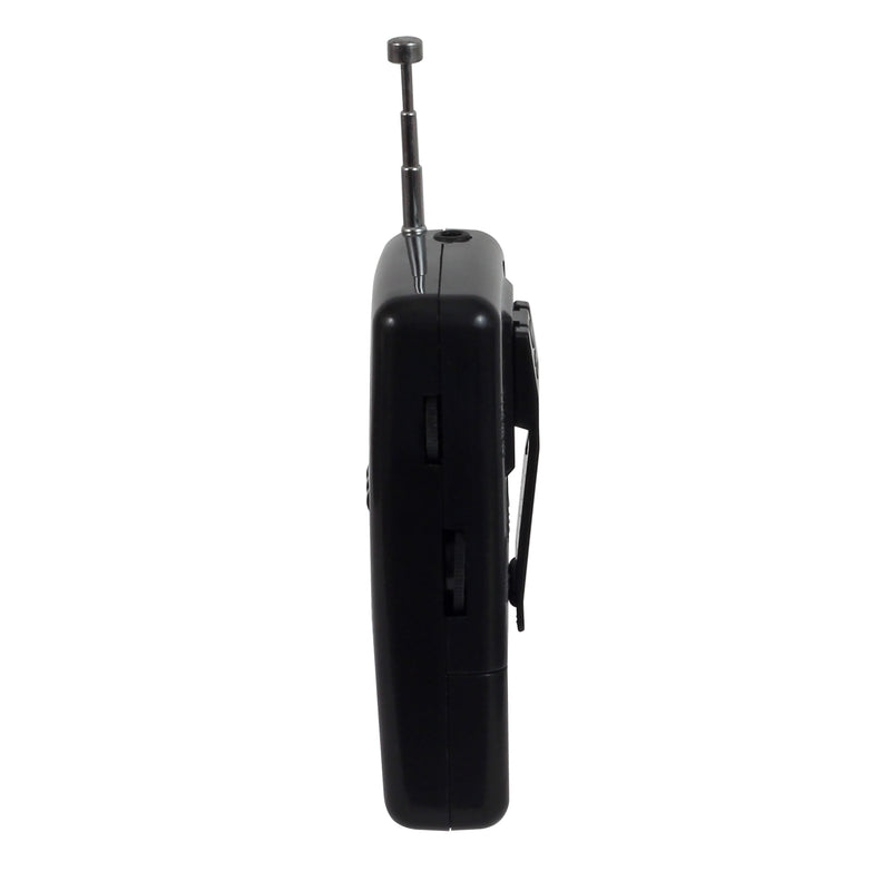 Side view of a black Jensen AM/FM pocket radio with a extended silver telescoping antenna and a black belt clip.