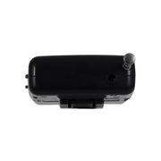 Black Jensen pocket radio viewed from the top, with a silver telescoping antenna on the right end and a small round jack beside it.