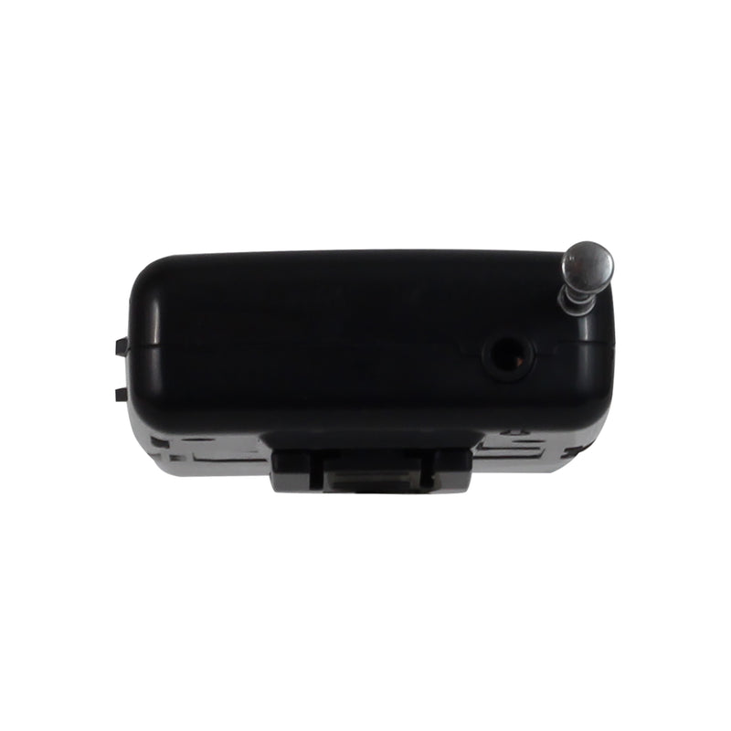 Black Jensen pocket radio viewed from the top, with a silver telescoping antenna on the right end and a small round jack beside it.