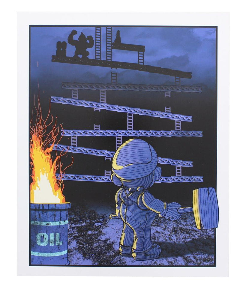 Blue-toned art print featuring a Donkey Kong scene with a cartoon jumpman holding a mallet beside a flaming oil barrel.