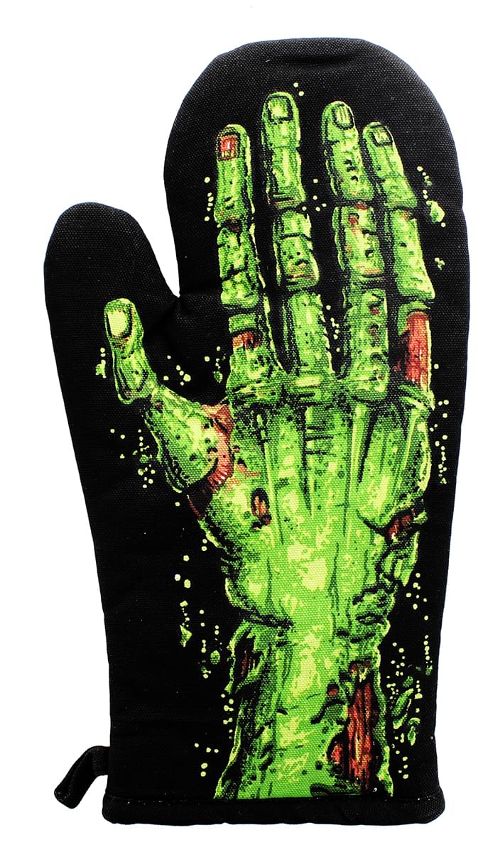 Black oven mitt featuring a large green zombie hand with red-tinged wounds and green speckles across the cloth, with a loop at the bottom left corner.