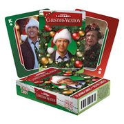 Green and red Christmas Vacation playing cards featuring Clark Griswold in a Santa hat with the title in white.