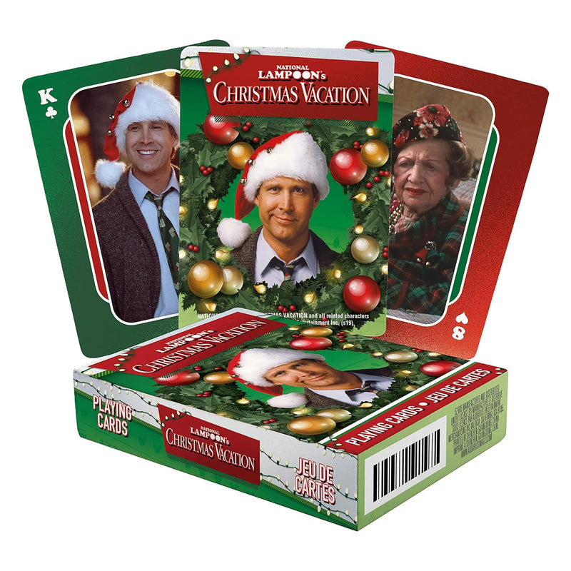 Green and red Christmas Vacation playing cards featuring Clark Griswold in a Santa hat with the title in white.