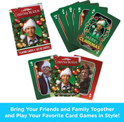 Playing card box and fanned cards for Christmas Vacation, showing the ace of clubs reading 'Merry Clarkmas' in neon-style green and red letters.