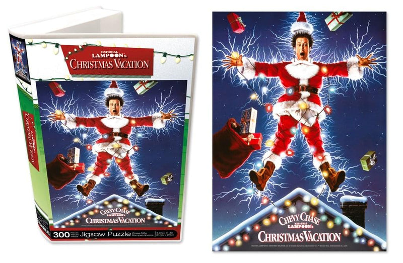 Angled view of white VHS-style jigsaw puzzle box with a Santa-suited man in lights and 'Christmas Vacation' in white.