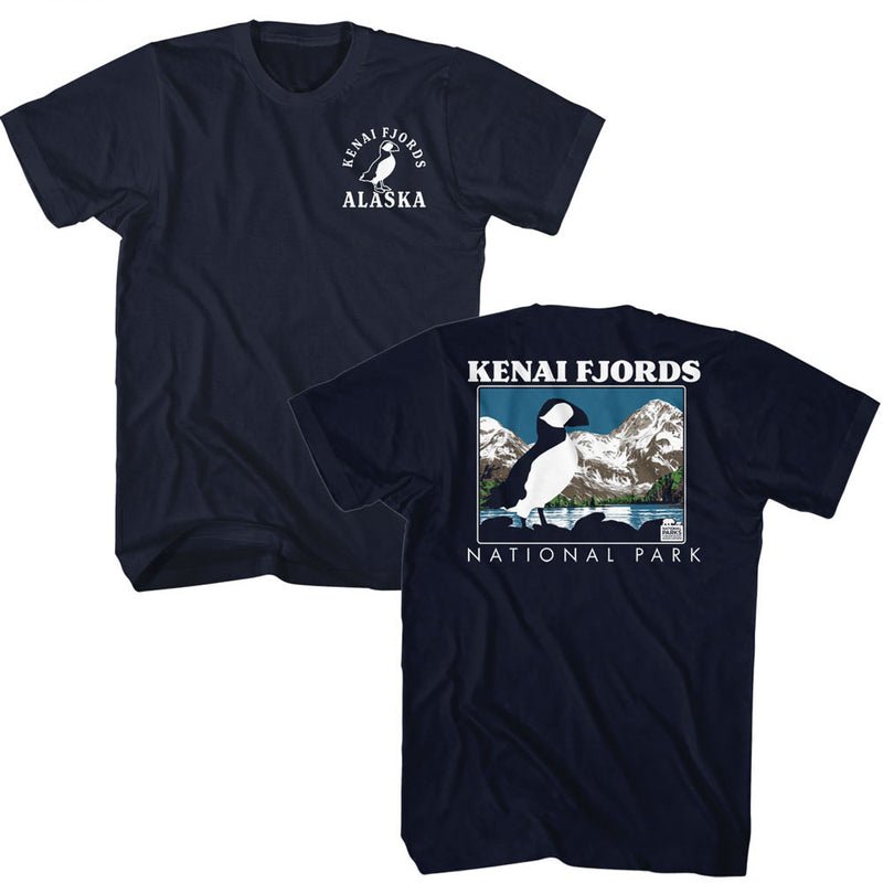 Navy tee, front chest puffin logo with 'KENAI FJORDS ALASKA'; back shows puffin, snowy peaks, 'KENAI FJORDS NATIONAL PARK'.
