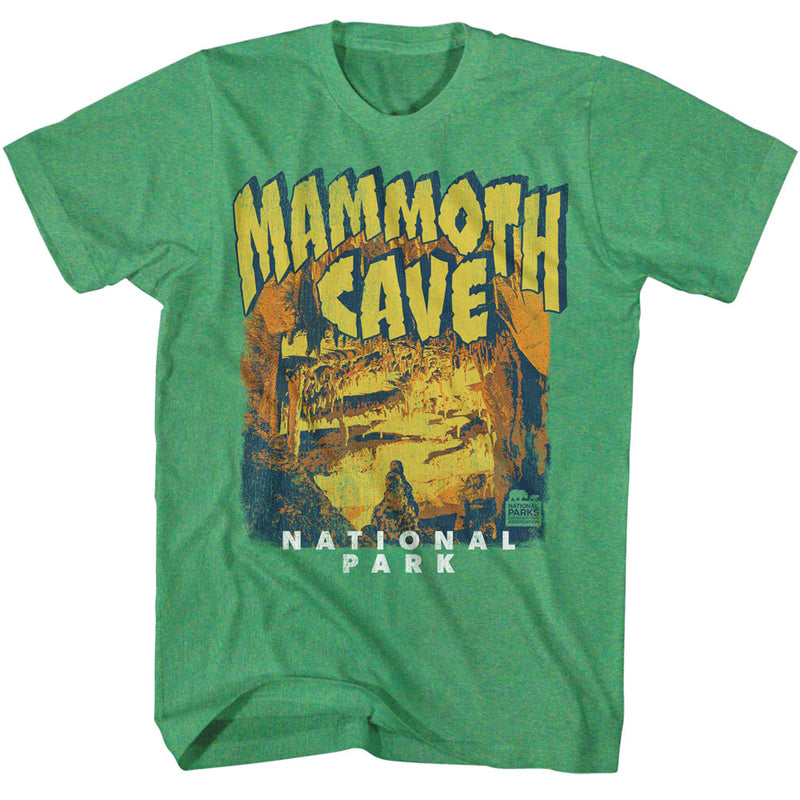 Heather green short-sleeve t-shirt with yellow 'MAMMOTH CAVE' and white 'NATIONAL PARK' text over an orange and blue cave cavern illustration.