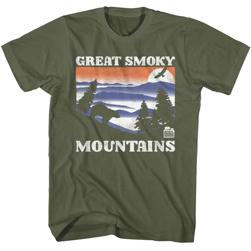 T-Shirt featuring design named National Parks - Great Smoky Mountains Bear & Mountains (Green)