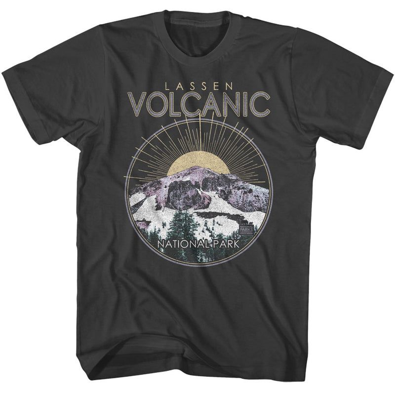 Charcoal t-shirt featuring a circular Lassen Volcanic mountain and sunburst graphic with the text 'LASSEN VOLCANIC' above in light gray.