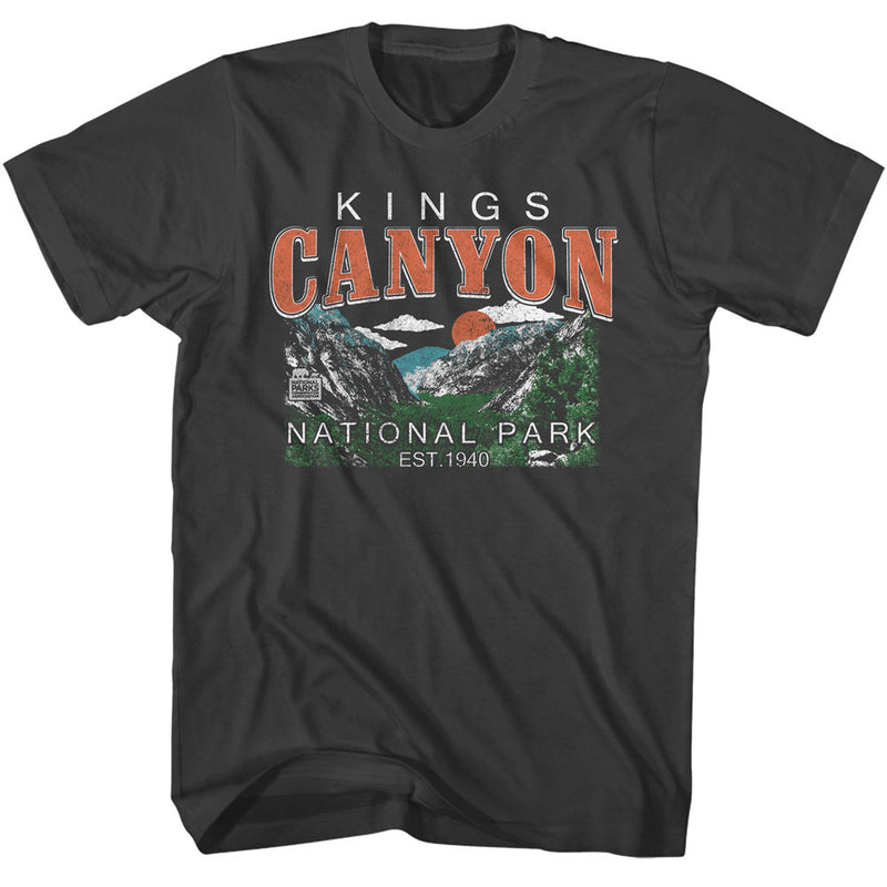 Charcoal short-sleeved t-shirt featuring a canyon landscape with a red sun and the text 'KINGS CANYON' in orange.