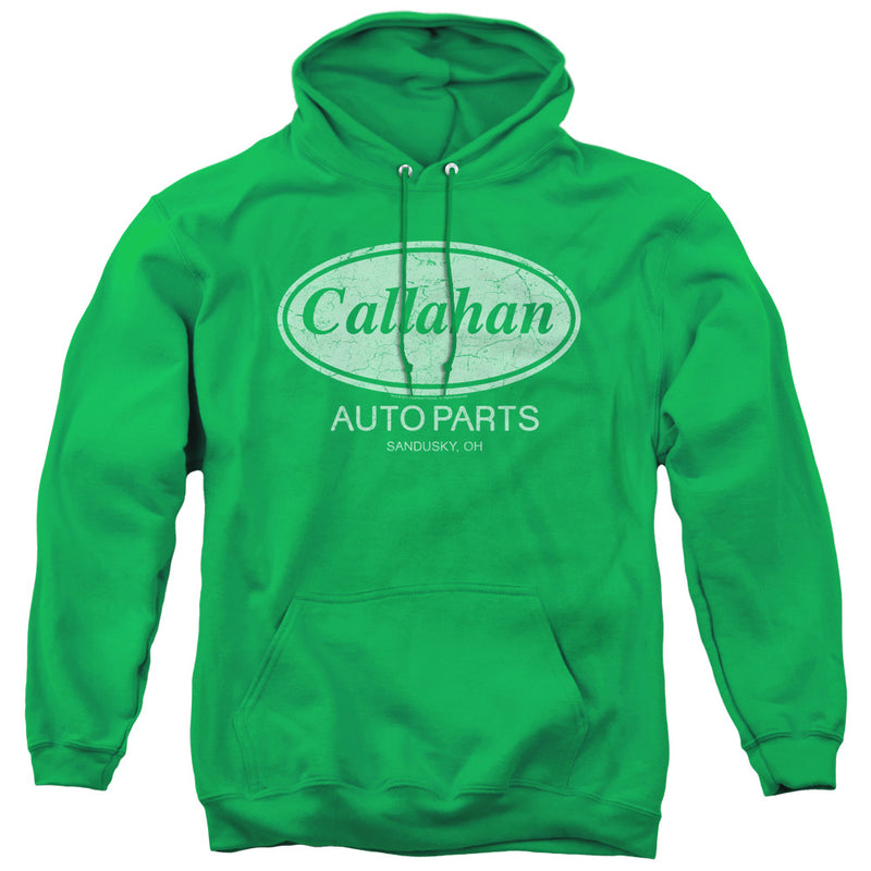 Kelly green pullover hoodie with white distressed oval logo reading "Callahan" above "AUTO PARTS" and "SANDUSKY, OH" in white text.