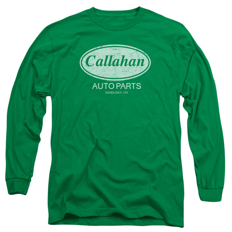 Kelly green long-sleeve t-shirt with white distressed oval logo reading "Callahan" above "AUTO PARTS" and "SANDUSKY, OH" in print.