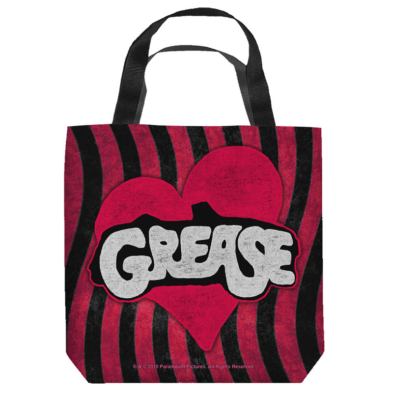 Red and black tote bag with wavy stripes, a large red heart, and white 'GREASE' lettering across the center, with black handles.