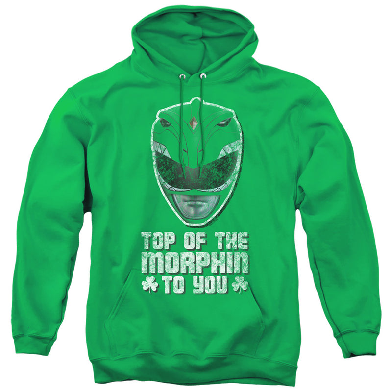 Kelly green pullover hoodie with white distressed Green Ranger helmet graphic and text "TOP OF THE MORPHIN TO YOU" with shamrocks.