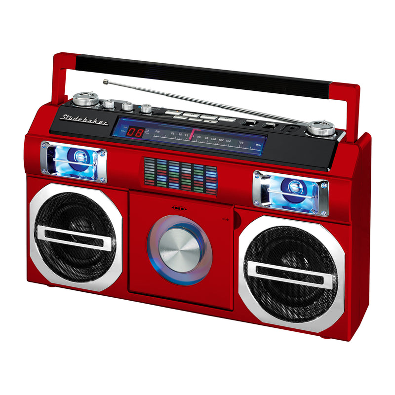 Studebaker 80's Retro Street Boombox with FM Radio, CD Player, LED EQ, 10 Watts RMS and AC/DC