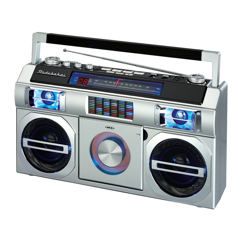 Studebaker 80's Retro Street Boombox with FM Radio, CD Player, LED EQ, 10 Watts RMS and AC/DC