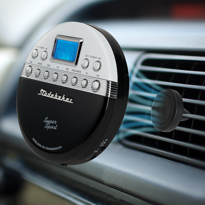 Studebaker Super Sport Portable CD Player Plays CDs Wirelessly Through Car Radio Includes FM Stereo Radio