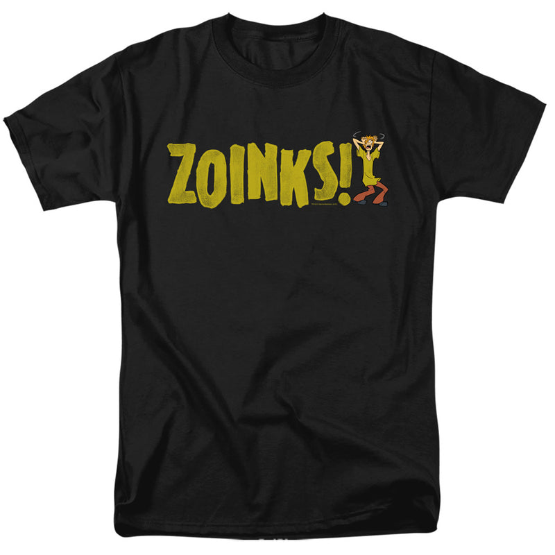 Black t-shirt with yellow distressed text 'ZOINKS!' and a cartoon Shaggy character in brown pants, arms raised, beside the lettering.