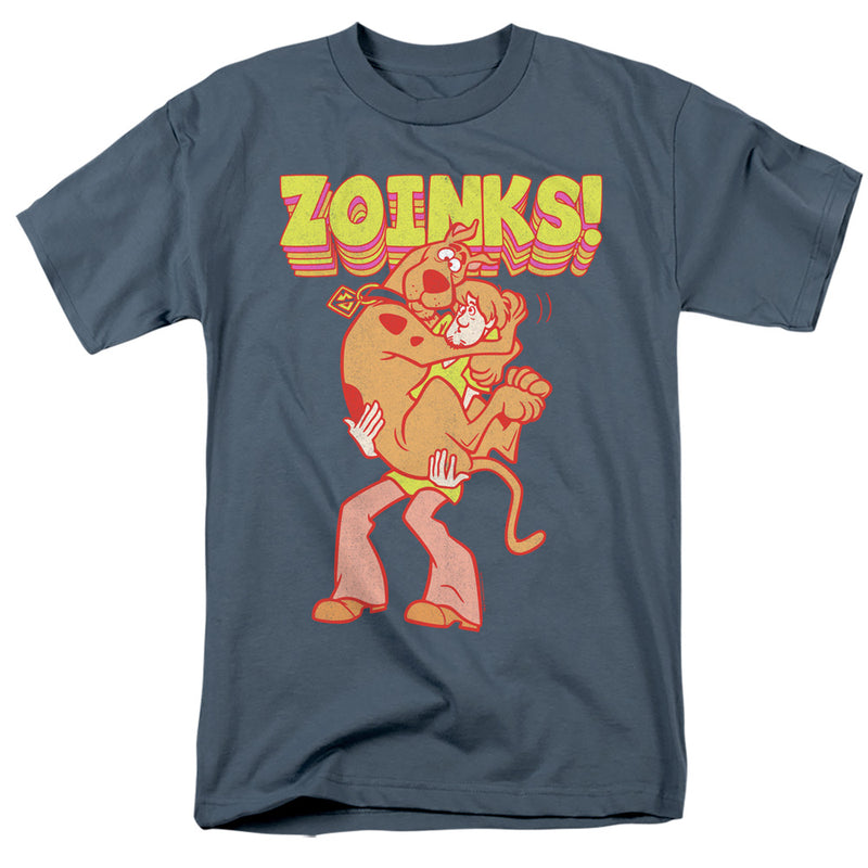 Slate gray t-shirt with 'ZOINKS!' in yellow retro lettering above Scooby-Doo carrying Shaggy in his arms