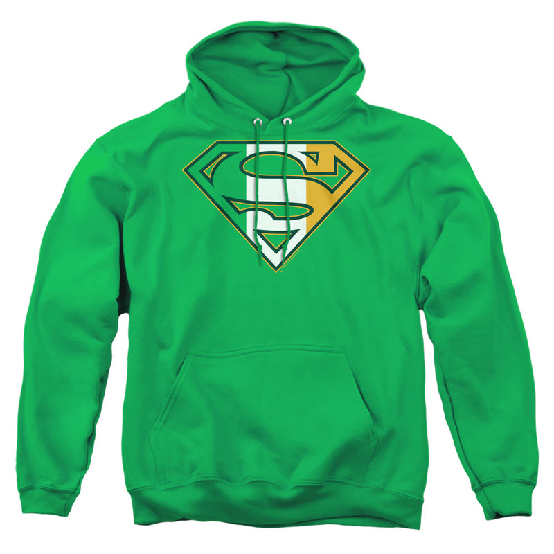 Kelly green pullover hoodie with front kangaroo pocket and a Superman shield logo in green, white, and gold stripes with a green S.