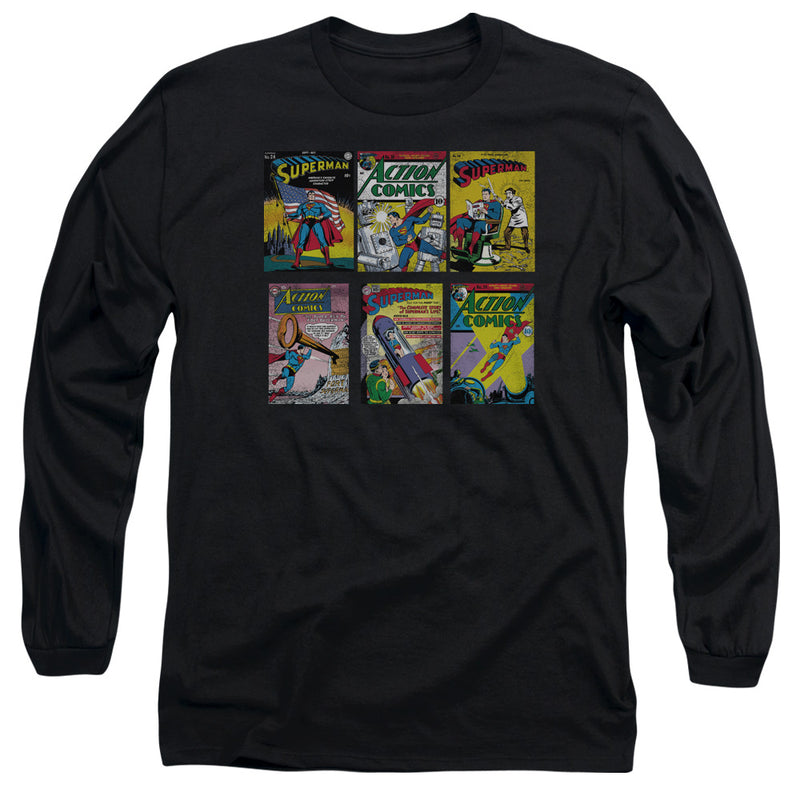 Black long-sleeve t-shirt with six vintage comic book covers in a grid, including Superman and Action Comics titles.