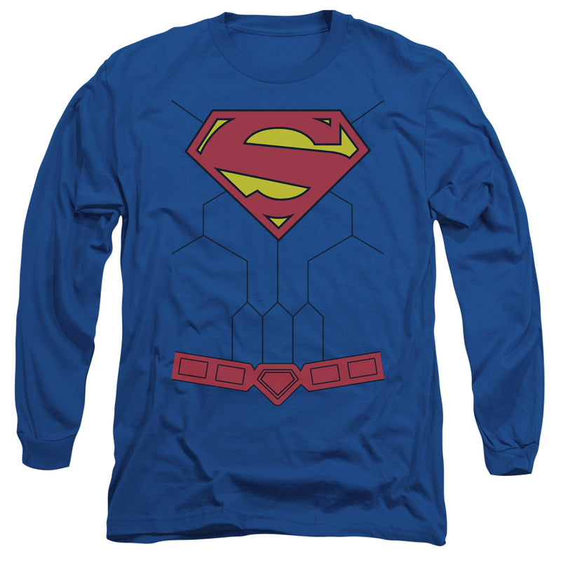 Royal blue long-sleeve Superman shirt with red and yellow Superman shield and red belt graphic printed on the chest, styled like a costume torso.