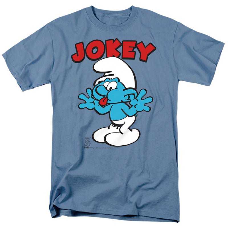 Slate blue short-sleeve t-shirt with red 'JOKEY' text above a cartoon Smurf character with a white hat, sticking out his tongue with hands raised.