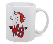 White ceramic mug with a red and white horse head logo and red 'WS' letters with speed lines below.