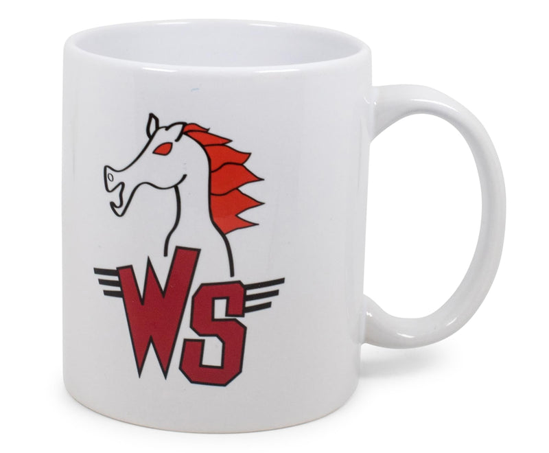 White ceramic mug with a red and white horse head logo and red 'WS' letters with speed lines below.