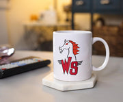White ceramic mug with a red and black horse head above red 'WS' letters flanked by winged stripes, the Wyld Stallyns logo.