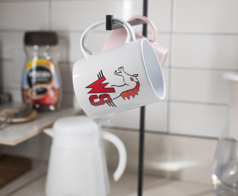 White ceramic mug with a red 'WS' Wyld Stallyns logo and a red line drawing of a rearing horse