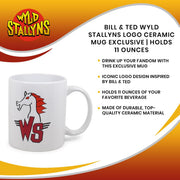 White ceramic mug with a red horse head with flowing red mane above red 'WS' letters with wings, the Wyld Stallyns logo from Bill & Ted.