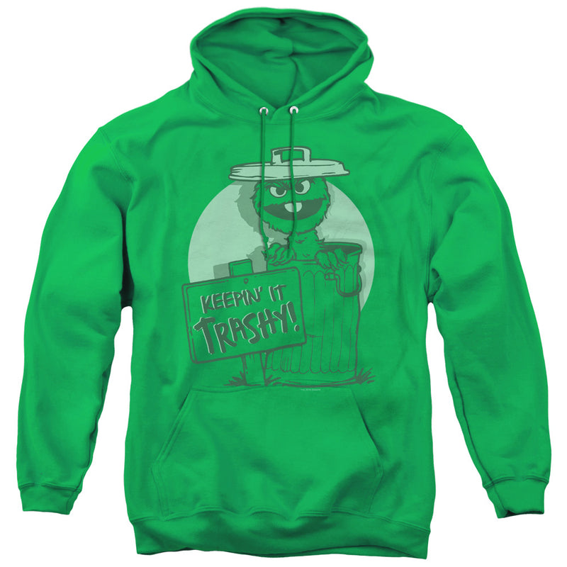 Kelly green pullover hoodie with tonal green graphic of Oscar the Grouch in a trash can holding sign reading "KEEPIN' IT TRASHY!".
