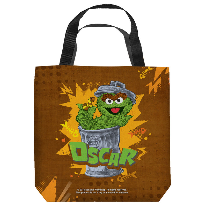 Brown tote bag featuring Oscar the Grouch in a metal trash can with a worm, with the text 'OSCAR' in green below it.