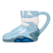 Side view of light blue sneaker-shaped mug with the text 'BACK TO THE FUTURE' in white on the side.