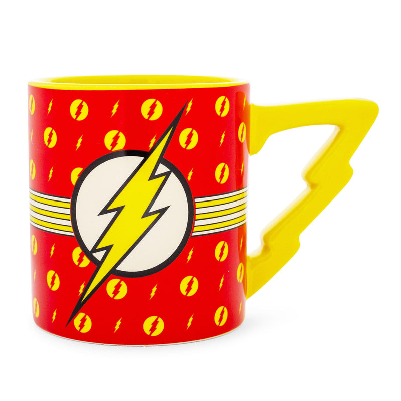 Red ceramic mug featuring the yellow The Flash lightning bolt logo on a white circle with a yellow lightning bolt handle.