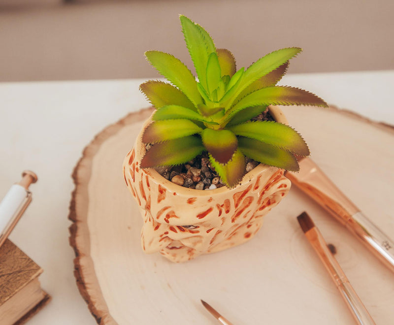 Top-down close-up of the Freddy Krueger planter showing the pebble soil and artificial succulent, set on a wood slice beside brushes.