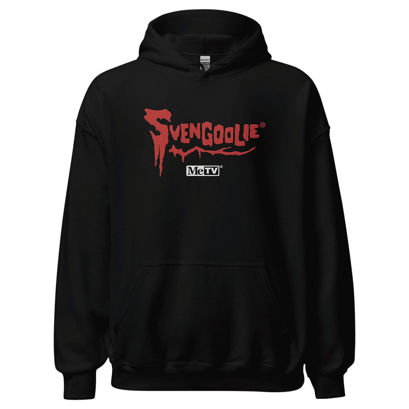 pullover hoodie with red dripping "Svengoolie®" logo and white "MeTV®" logo on the chest.
