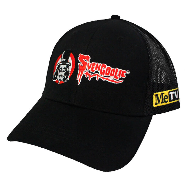 Black mesh-back cap with embroidered red and white Svengoolie logo and character face on front, and yellow MeTV logo on side panel.