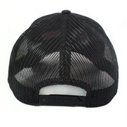 Back view of black mesh snapback hat with black adjustable snap closure and black fabric strap.