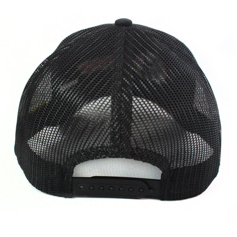 Back view of black mesh snapback hat with black adjustable snap closure and black fabric strap.