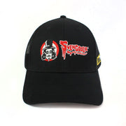 Black mesh-back snapback cap with embroidered Svengoolie logo: white-faced character in top hat inside red circle, and red script 'Svengoolie®' on front.