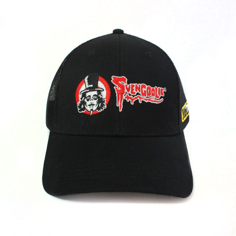 Black mesh-back snapback cap with embroidered Svengoolie logo: white-faced character in top hat inside red circle, and red script 'Svengoolie®' on front.