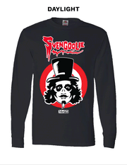 Animated glowing black long-sleeve shirt with red Svengoolie script logo above face illustration on red and white target rings and white MeTV logo below