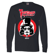 Black long-sleeve shirt with red Svengoolie script logo above face illustration on red and white target rings and white MeTV logo below